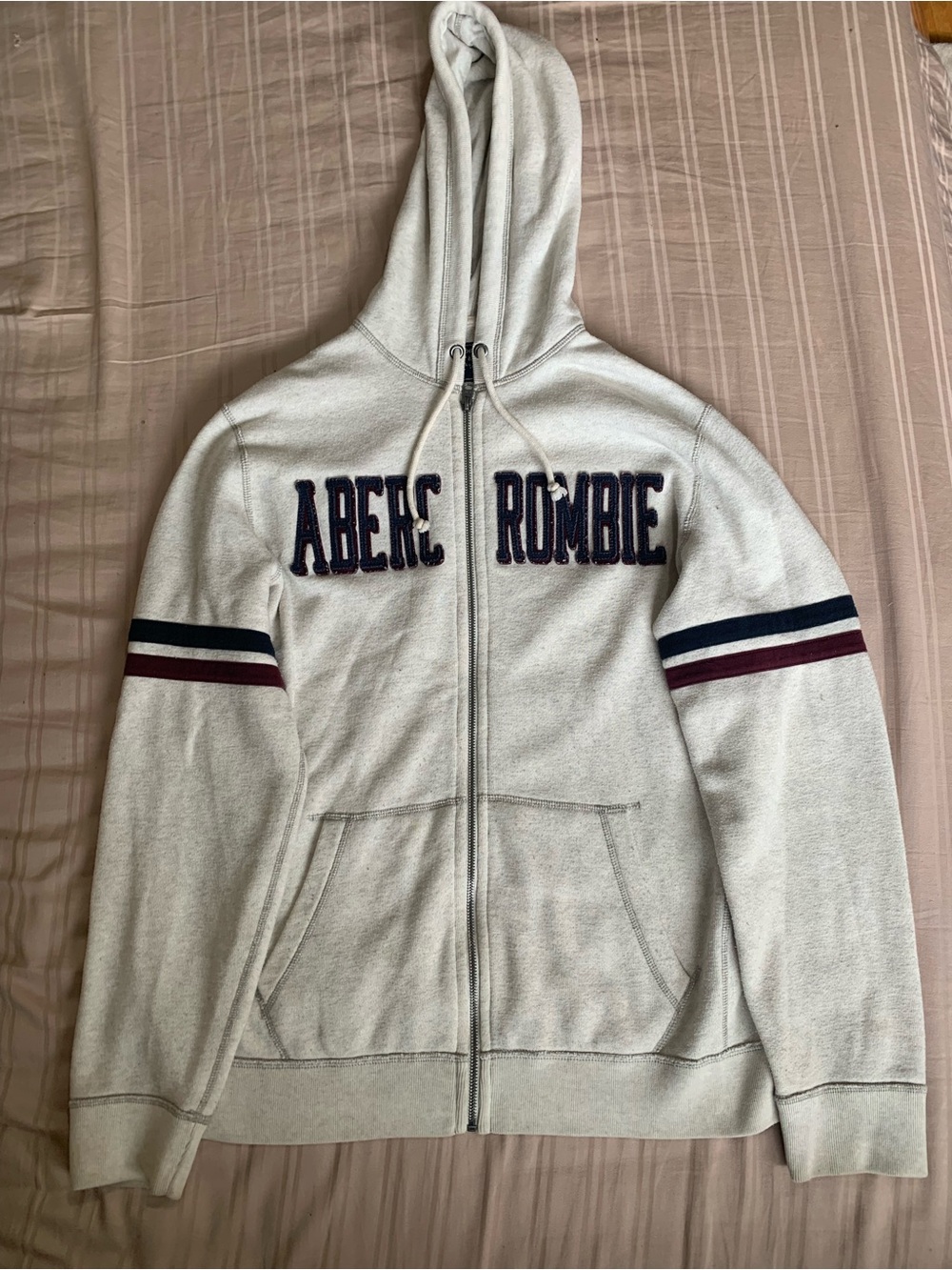 Vintage Abercrombie & Fitch Cream Zip Hoodie with Navy and Burgundy Sleeve Strip